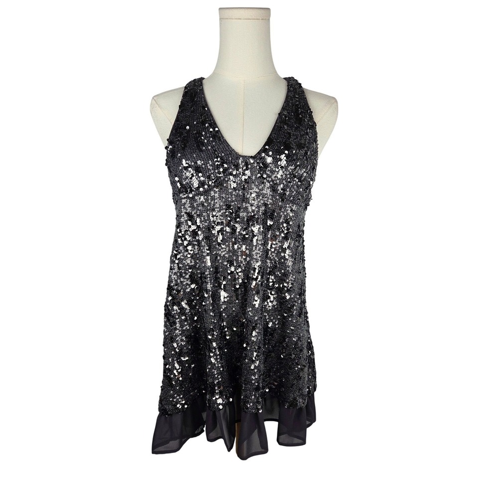 Free People Bejeweled Sequin Mini Slip Dress XS Black Ruffle Halter Backless